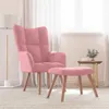 A pink velvet armchair and ottoman are placed on a rug in a room with sheer curtains and a floor lamp. Produktbild-Vorschau