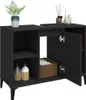 A black washbasin cabinet with two doors and shelves, containing soap dispensers and a basket of toilet paper. Anteprima dell’immagine prodotto