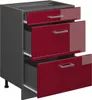 A kitchen cabinet with three red high-gloss drawers, two of which are partially open, against a white background. Anteprima dell’immagine prodotto