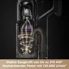 A cutaway view of a vacuum cleaner's internal components, illustrating airflow and motor function, with text describing its suction power and motor speed. Produktbild-Vorschau