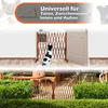 A collage showing a dog gate used indoors and outdoors, with text overlay describing its versatility. Produktbild-Vorschau