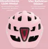 Rear view of a pink bicycle helmet with text overlays describing features. Anteprima dell’immagine prodotto