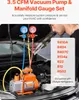 A vacuum pump and manifold gauge set is shown on the hood of a car with the hood open. Náhľad obrázku produktu