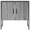 A front view of a gray wood-grain bathroom vanity cabinet with black handles and a black metal frame and legs, isolated on a white background. Produktbild-Vorschau