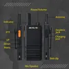 Three views of a black Retevis RT622P walkie-talkie with labels pointing to its various features. Produktbild-Vorschau