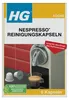 Product packaging for HG Nespresso cleaning capsules, showing the capsules, a coffee machine, and a cup of coffee. Produktbild-Vorschau