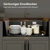 A black granite kitchen sink filled with dishes and a pot, with dimensions indicated by text overlays. Produktbild-Vorschau