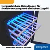 Interior view of a wine cooler showing pull-out wooden shelves with blue interior lighting. Produktbild-Vorschau