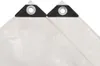 A close-up view of two corners of a white tarp, showing reinforced black grommets. Náhľad obrázku produktu