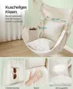 A collage of images showing a cream-colored hanging chair with cushions, its features, and details. Náhled obrázku produktu