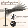 A close-up view of a cantilever umbrella, highlighting its adjustable features with text overlays and inset images. Náhled obrázku produktu