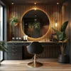 A modern salon or vanity area with a large round mirror, a black chair, and various decorative items. Náhled obrázku produktu