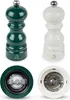 Two pepper mills, one green and one white, are shown from the front and from the bottom, revealing their grinding mechanisms. Produktbild-Vorschau