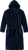 A navy blue hooded bathrobe is shown against a white background. Produktbild-Vorschau