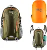 A collage of a green backpack, an orange rain cover, and a green backpack with trekking poles and a water bottle. Náhled obrázku produktu