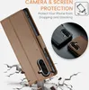 A product image showcasing a brown leather phone case with a wallet and card slot feature, presented with a cracked ground effect to emphasize protection. Inset images show black and brown versions of the case. Produktbild-Vorschau