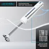 A silver and white hand blender is shown against a light gray and white background, with blue lines highlighting its features and text. Produktbild-Vorschau