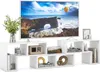 A white TV stand with a TV on top, displaying a scenic image. Various decorative items are placed on the stand. Náhled obrázku produktu