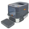 A modern, enclosed cat litter box with a stainless steel base, a gray plastic top, and an orange accent. A gray litter scoop and a gray litter mat are placed in front of the box. Náhľad obrázku produktu