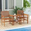 A wooden bistro set on a wooden deck next to a pool. Náhled obrázku produktu