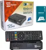 A collage showing a satellite receiver box, its remote control, and a Tivusat smart card. Produktbild-Vorschau