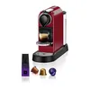 A red Nespresso coffee machine with a glass of espresso, a box of coffee capsules, and three individual coffee capsules. Anteprima dell’immagine prodotto