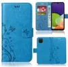 A collage of images showing a blue book-style phone case with a floral design, including a view of the case open with a phone inside and a view of the back of the case. Produktbild-Vorschau