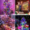 A collage of four images showing Christmas lights on trees and a house. Produktbild-Vorschau