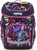 A purple backpack with a colorful abstract pattern and a chameleon patch. Produktbild-Vorschau