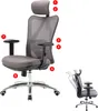 A grey ergonomic office chair with numbered callouts pointing to different parts of the chair. A second, smaller image shows the chair reclined.