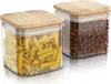 Two glass storage jars with bamboo lids, one filled with pasta and the other with coffee beans, on a white background. Náhľad obrázku produktu