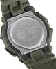 Close-up view of the back of a green Casio G-Shock watch, showing the metal case back with engraved text and logos. Produktbild-Vorschau