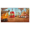 A children's book illustration showing construction vehicles and a large gift. Voir les images du produit