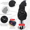 A black cat-shaped wall clock with various features highlighted by callout boxes and text. Produktbild-Vorschau