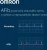 The image displays information about AFib, comparing a normal heart rhythm with an AFib rhythm using electrocardiogram (ECG) graphics. It includes the OMRON logo and text in Slovak. Produktbild-Vorschau