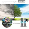 The image shows a split scene representing environmental pollution and a healthy environment, with a pile of used batteries contrasted with rechargeable batteries and a USB charger. Náhled obrázku produktu