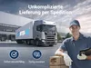 A delivery truck is parked in front of a warehouse, with a smiling delivery person holding a tablet and a box. Produktbild-Vorschau