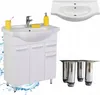 A collage of bathroom sink components, including a sink basin, a vanity cabinet with a sink installed, and sink legs. Anteprima dell’immagine prodotto