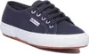 A single navy blue Superga sneaker with a white sole and brown rubber sole is shown against a white background. Produktbild-Vorschau