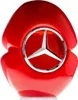 A red perfume bottle with a silver Mercedes-Benz logo. Voir les images du produit