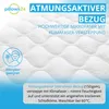 A close-up of a quilted mattress surface with marketing text overlays. Produktbild-Vorschau