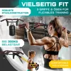 A collage of images showcasing a wall-mounted pull-up bar and its various uses, with text overlays highlighting features and specifications. Produktbild-Vorschau