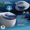 A toilet seat with a paw print design is shown on a toilet, with marketing text and icons highlighting its features. Produktbild-Vorschau