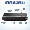 A diagram of a DVD player with labels pointing out its features. Voir les images du produit