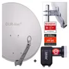 A satellite dish and LNB are shown, along with marketing badges. Produktbild-Vorschau