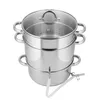A stainless steel steamer pot with a glass lid and a hose attachment. Produktbild-Vorschau