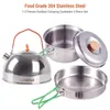A set of camping cookware including a kettle, a pot with a lid, and a frying pan, displayed against a white background. Produktbild-Vorschau