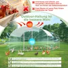 A chicken coop with chickens and geese in a grassy outdoor area, with informational text and graphics overlayed. Produktbild-Vorschau