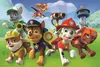 A group of cartoon dogs from Paw Patrol running in a grassy field with a tower and binoculars in the background. Produktbild-Vorschau