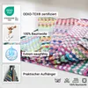 A stack of colorful towels with various certifications and feature descriptions. Produktbild-Vorschau